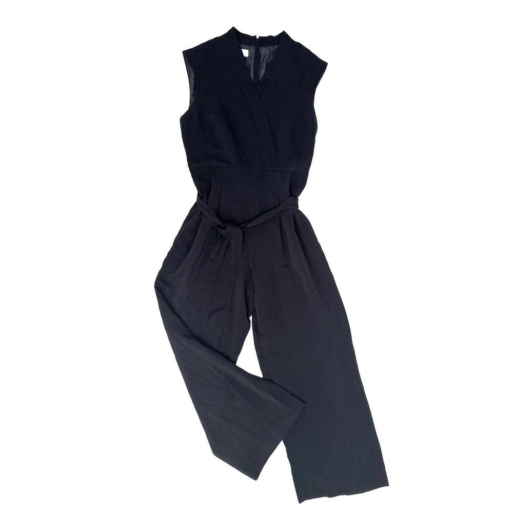 Hobbs London Jumpsuit 10 Black Crepe Rayon Stretch Sleeveless Waist-Tie Wide-Leg